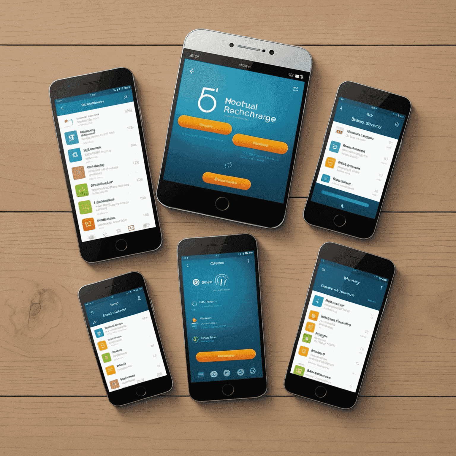 Five smartphones displaying different mobile recharge app interfaces, showcasing various features and designs