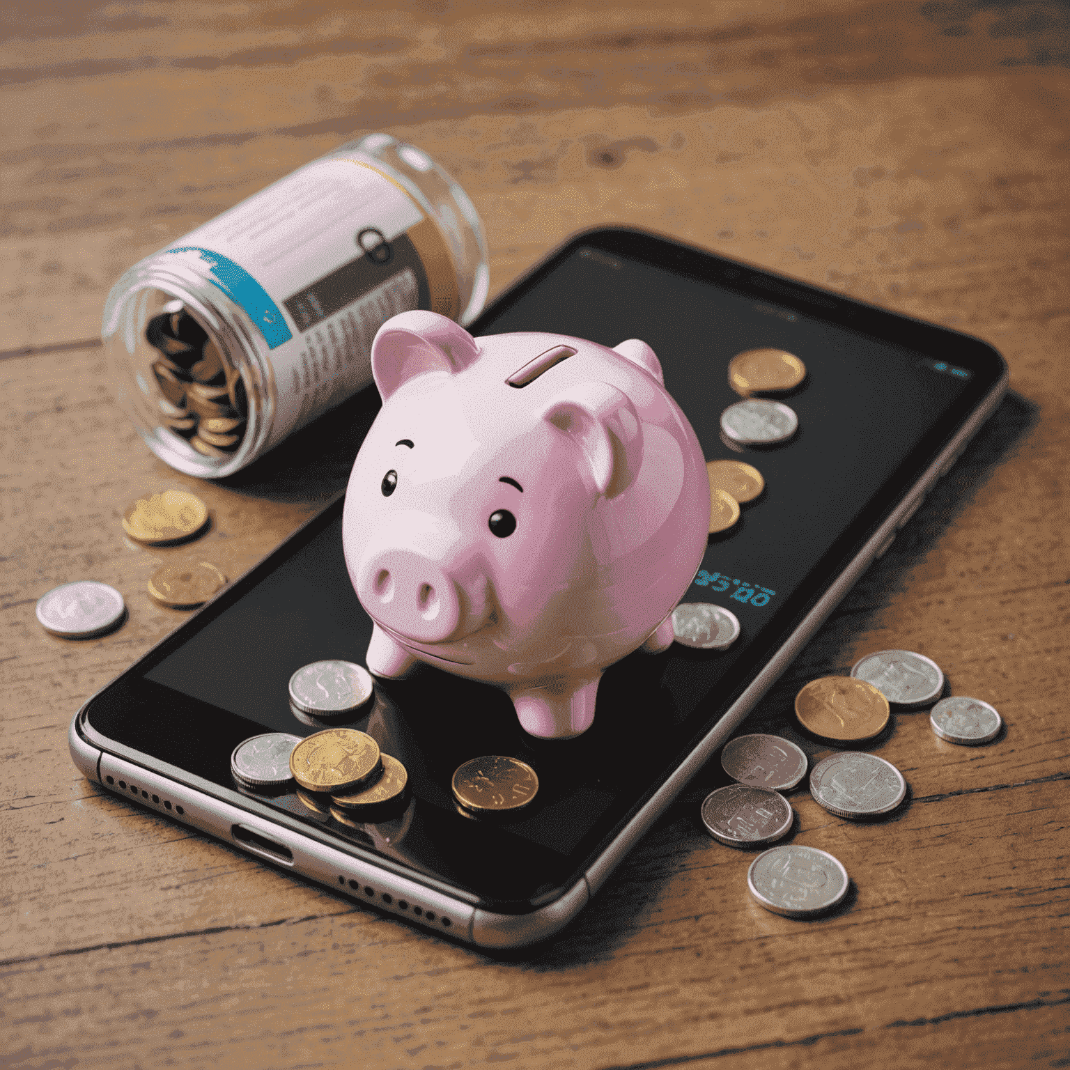 A piggy bank next to a smartphone, with coins and digital discount coupons floating around, symbolizing savings on mobile recharges